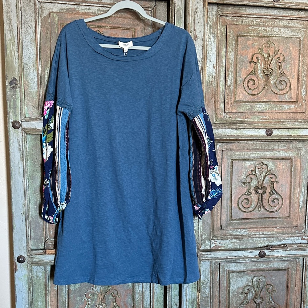 Umgee Dress blue in color with mix print sleeves